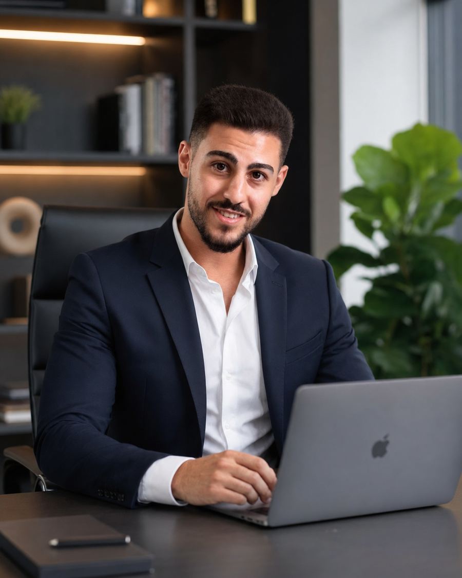Portrait of Rony Haddad in a navy suit at his desk