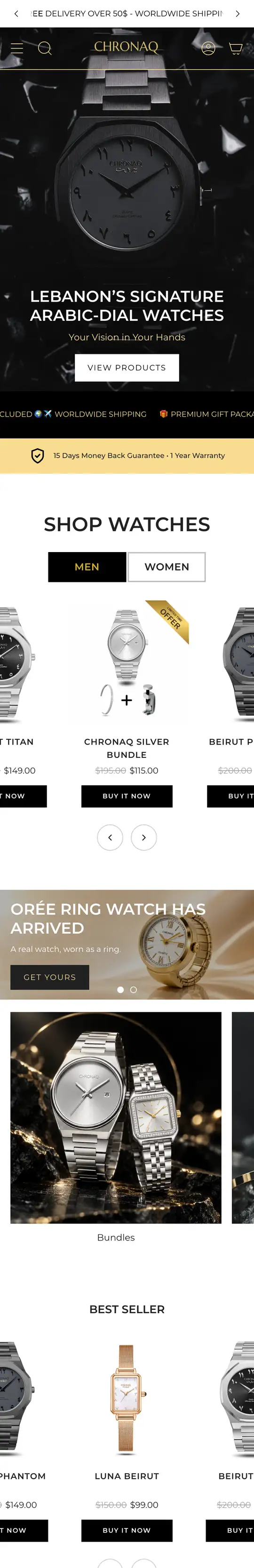 Chronaq store homepage on a phone