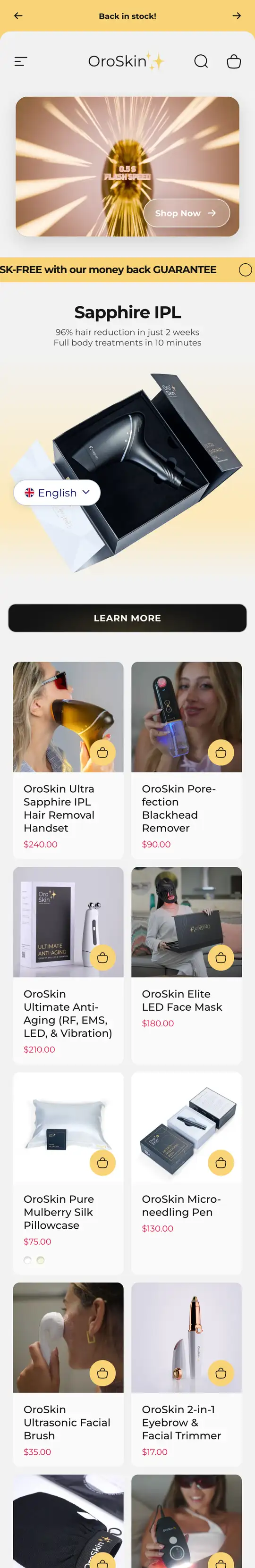 OroSkin store homepage on a phone
