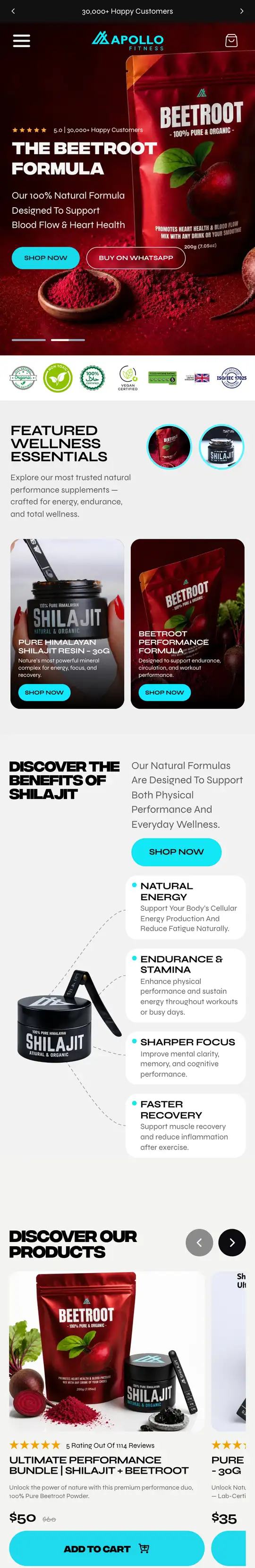 Apollo Fitness shilajit store homepage on a phone