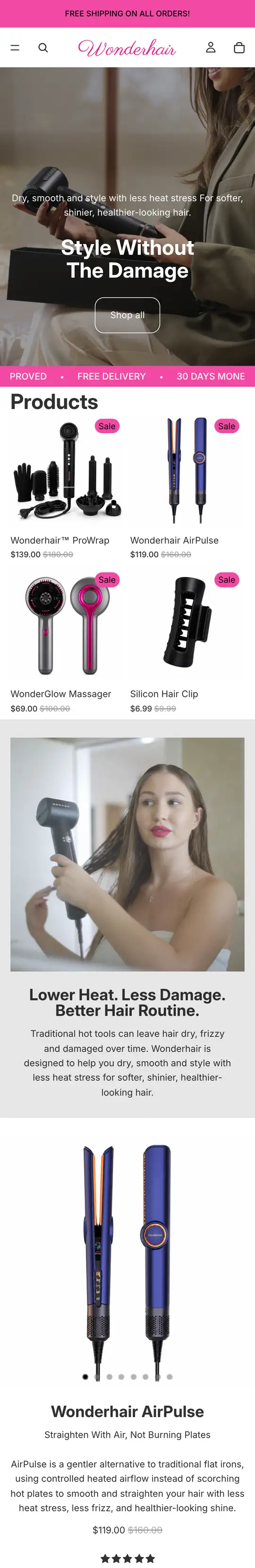WonderHair store homepage on a phone